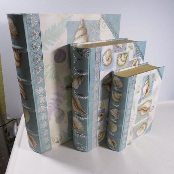 Sea Shell Faux Book Boxes in turquoise & metallic silver accent magnetic closure - Picture 1 of 11